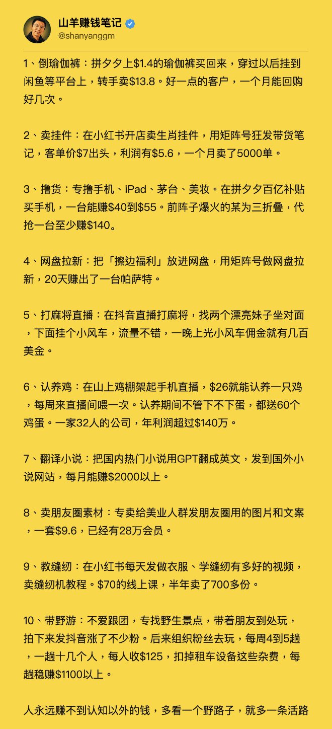 10 个野路子赚钱法:倒瑜伽裤、认养鸡、翻译小说,都有人在跑 10 个野路子赚钱法:倒瑜伽裤、认养鸡、翻译小说,都有人在跑