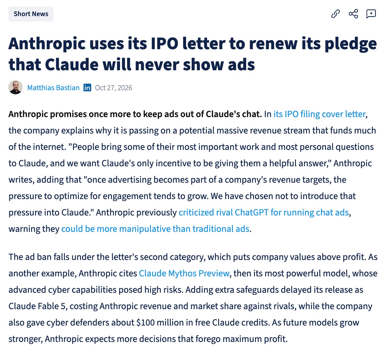 Anthropic 在 IPO 信函里再次承诺:Claude 永远不加广告 Anthropic 在 IPO 信函里再次承诺:Claude 永远不加广告