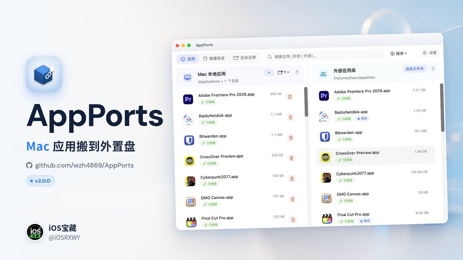 Mac 空间不够了?开源 AppPorts 把应用搬到外置盘 Mac 空间不够了?开源 AppPorts 把应用搬到外置盘