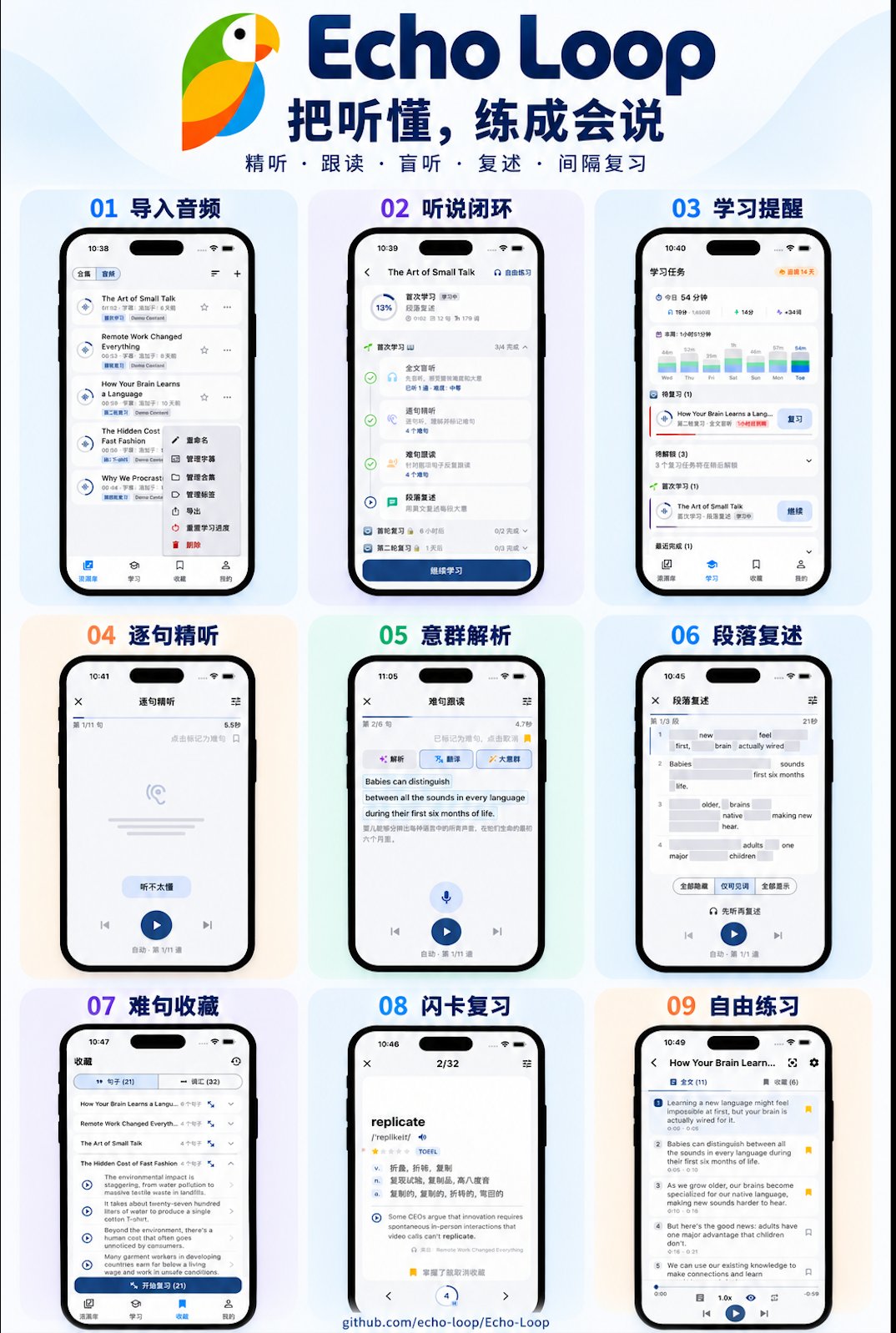 学英语的开源神器 Echo Loop：精听跟读盲听复述，9 步把听懂练成会说