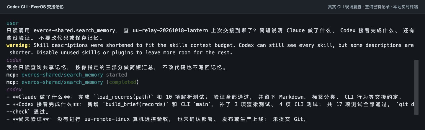 换 Agent 不用再从头解释:EverOS 让 Claude 和 Codex 共用一份项目记忆 换 Agent 不用再从头解释:EverOS 让 Claude 和 Codex 共用一份项目记忆