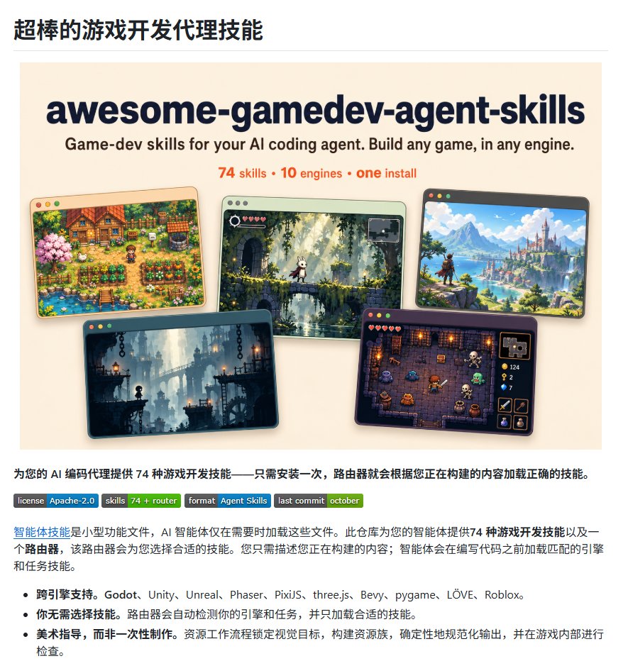 用 AI 做游戏不用从零摸索：74 个游戏开发 Skill 一次配齐