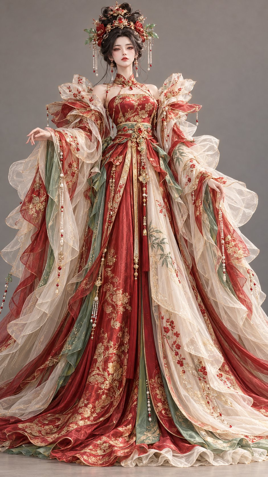 GPT Image 2.5 古风服装提示词：石榴明锦，石榴红织金缎配竹青里衬