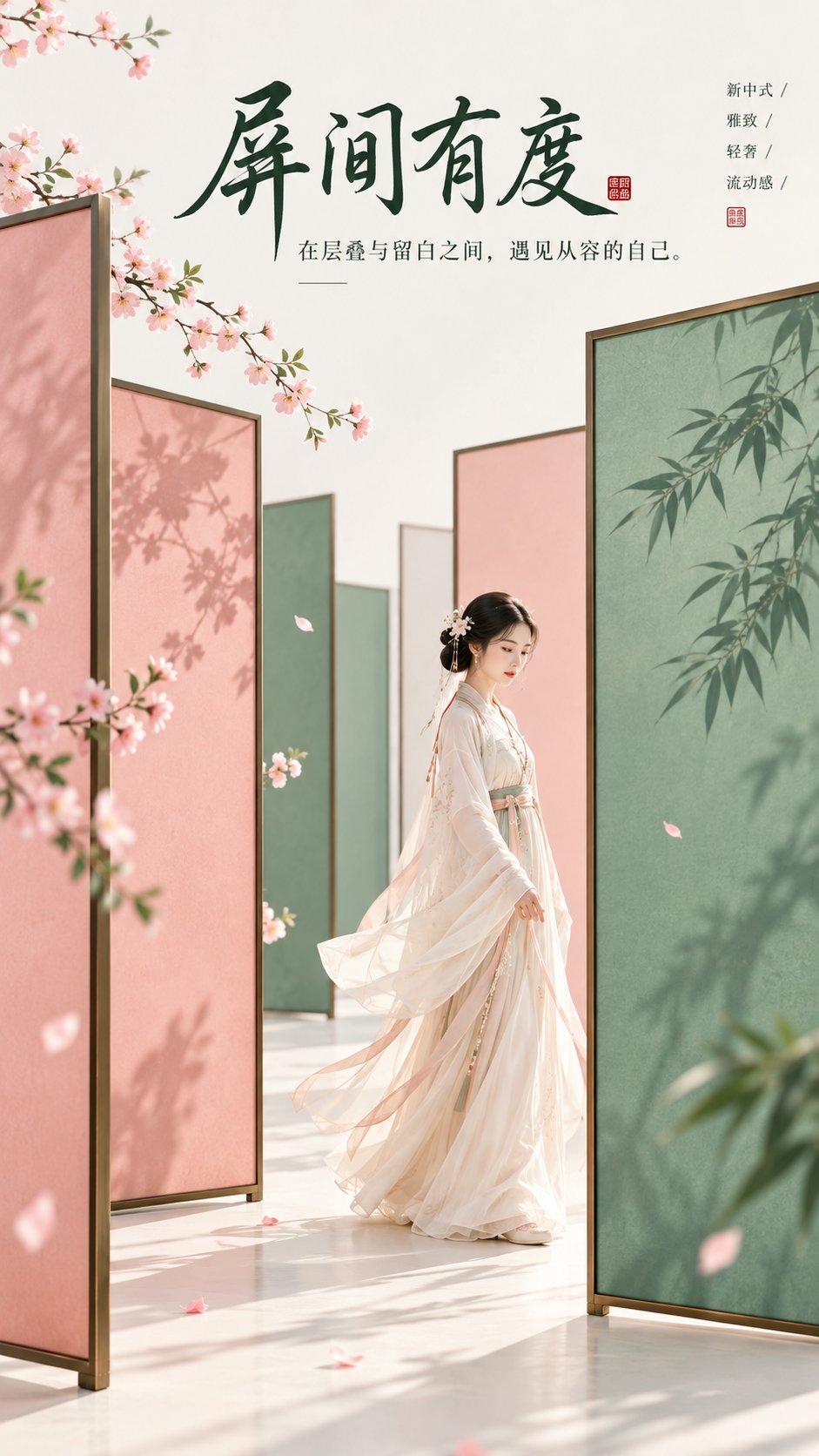 GPT Image 2.5 东方美学海报提示词：花影回眸、屏间有度，照抄就能出片