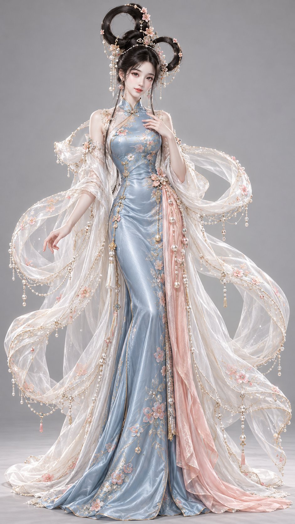 GPT Image 2.5 古风服装提示词：绡梦浮光，湖蓝真丝配桃红飘带与双环发髻
