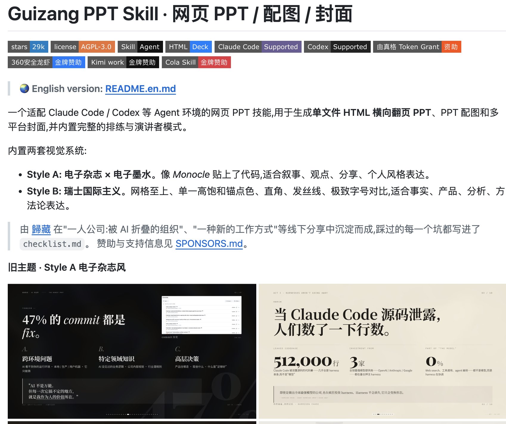 一句话生成杂志级 PPT：guizang-ppt-skill，28.7K 星的 HTML 演示稿技能
