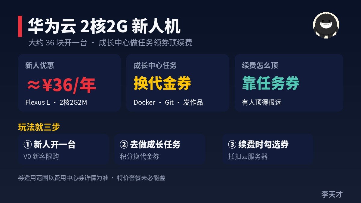 华为云 2 核 2G 新人机约 36 块一年,代金券还能顶续费 华为云 2 核 2G 新人机约 36 块一年,代金券还能顶续费