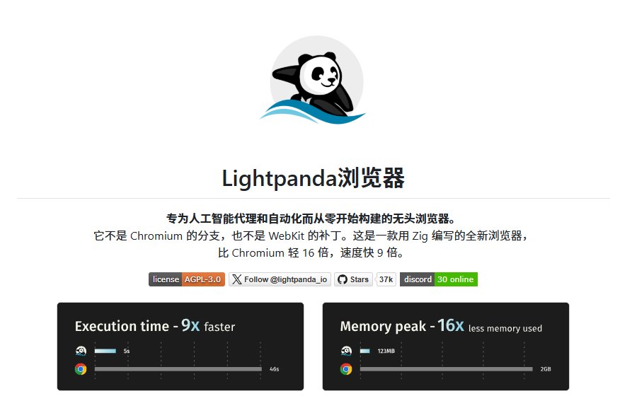 Lightpanda:Zig 从头写的无头浏览器,比 Chrome 轻得多、快得多 Lightpanda:Zig 从头写的无头浏览器,比 Chrome 轻得多、快得多