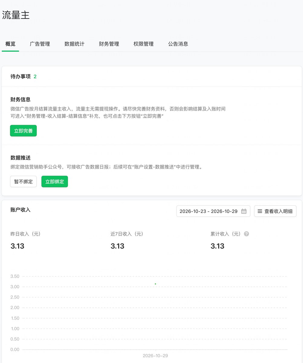 小程序上线十天开通流量主，首日收入 3.13 元