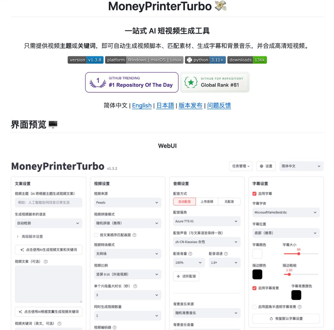 开源项目 MoneyPrinterTurbo:丢个主题进去,脚本配音字幕素材全自动配齐 开源项目 MoneyPrinterTurbo:丢个主题进去,脚本配音字幕素材全自动配齐