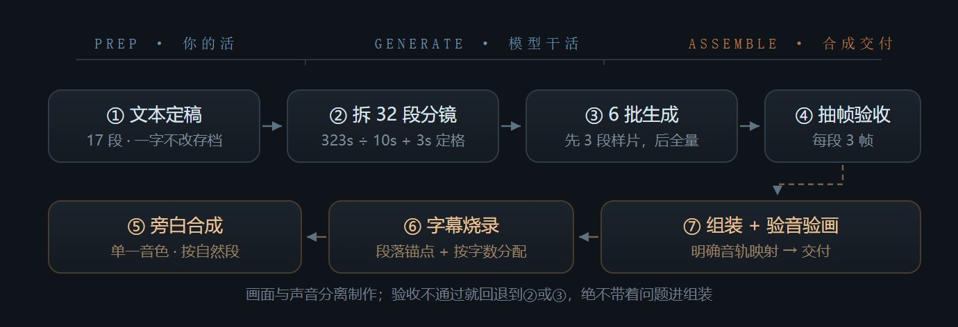 Muse 复刻 5 分 23 秒长视频全流程：32 段逐段验收，成本不到 0.25 元
