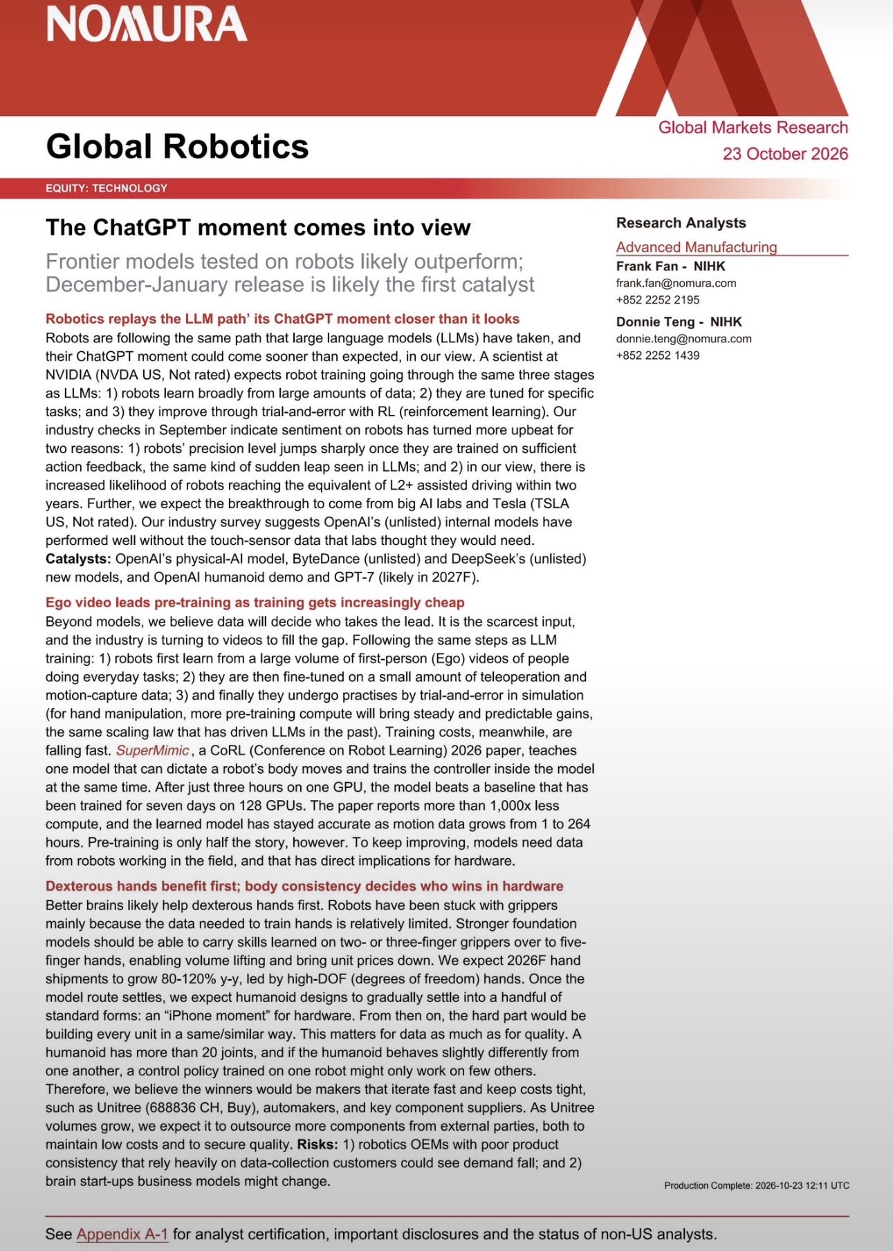 野村：人形机器人的 ChatGPT 时刻快到了，下一站是灵巧手